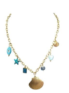 Seashell Charm 18K Gold Plated Stainless Steel Necklace with Blue Aqua Charms